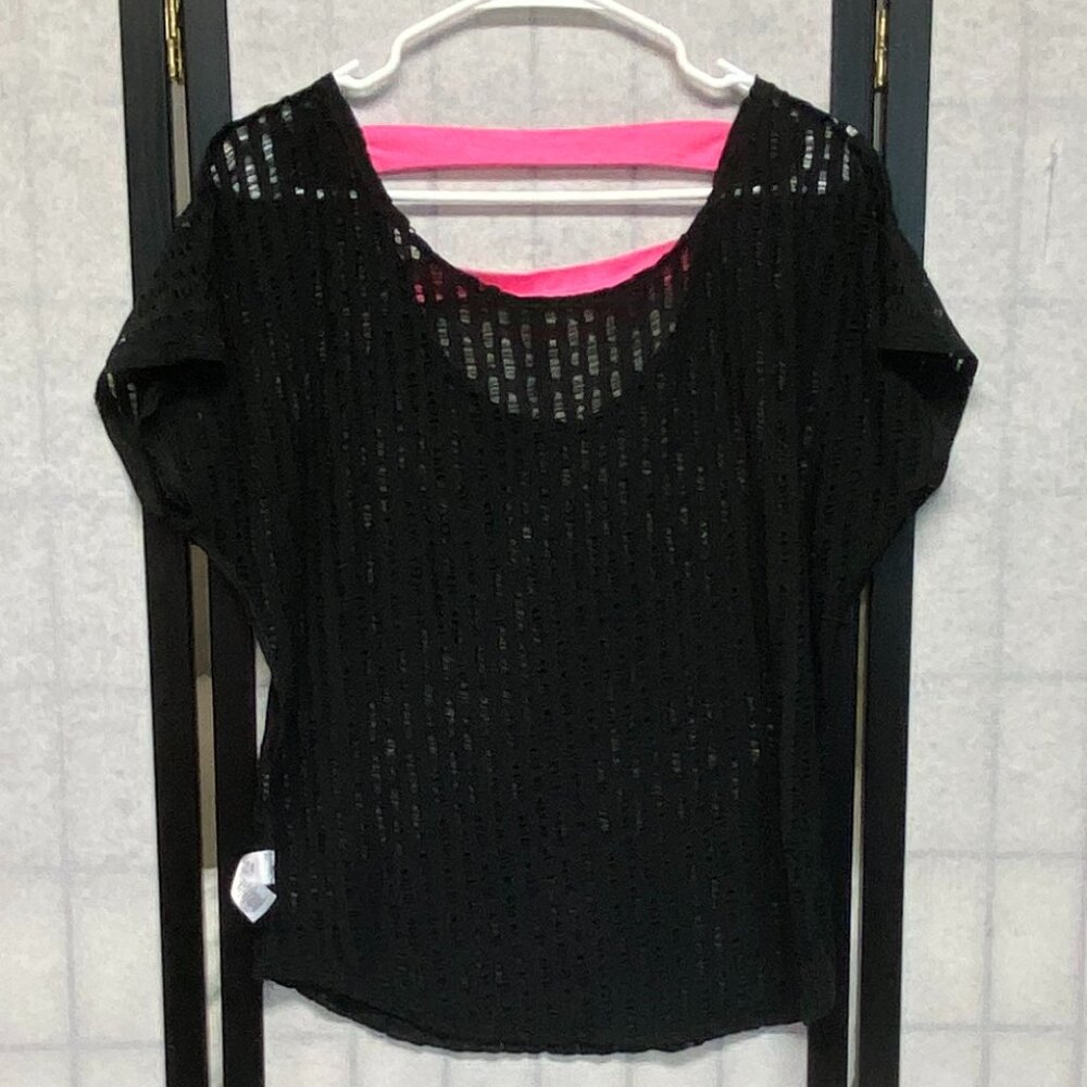 Maurices Crop Deep V Ladder Back Openwork Top Coverup L Black Pink Dolman Sleeve - Picture 5 of 12